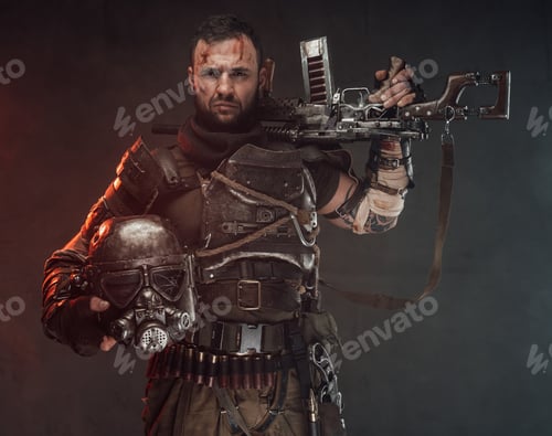 Preview: Serious and brutal apocalyptic soldier with shotgun and helmet