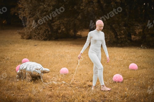 Preview: Portrait of young hairless girl with alopecia in white cloth walking tardigrade toy in fall park