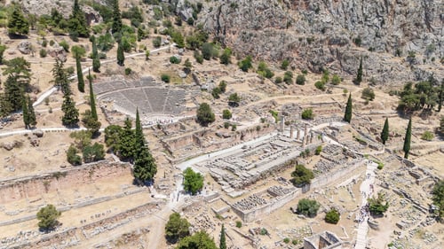 Preview: Aerial bird's eye view photo taken by drone of archaeological site of ancient Delphi.