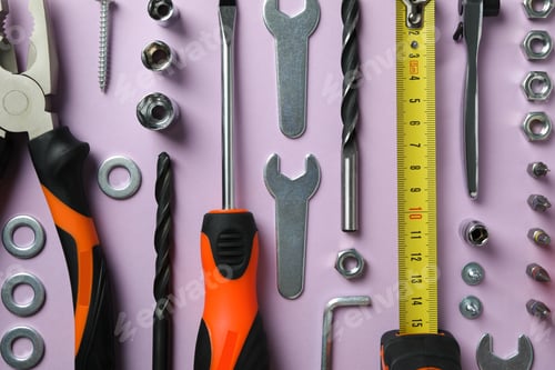 Preview: Work tools on purple background, top view