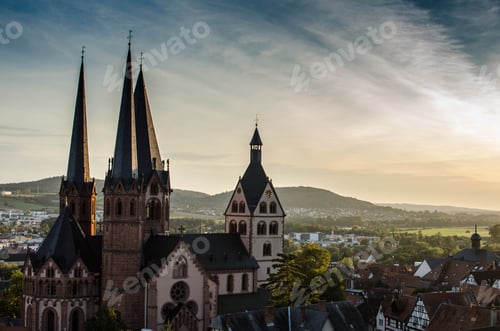 Preview: Aerial shot of Romanesque Church of St. Mary at sunset in Gelnhausen, Germany