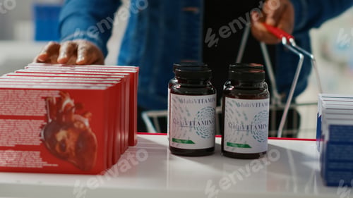 Preview: African american woman taking vitamins from shelves