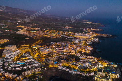 Preview: Top view of the houses located on the rock of Los Gigantes at sunset, Tenerife, Canary Islands