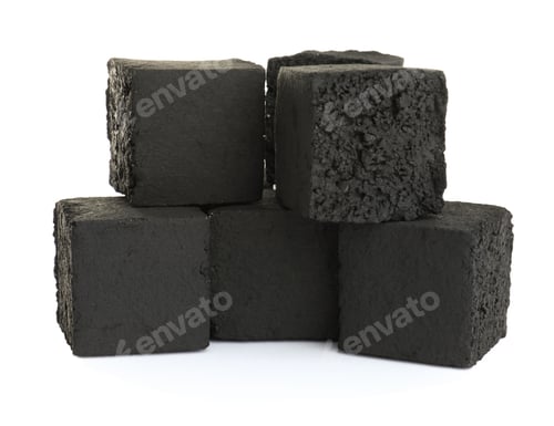Preview: Stack of charcoal cubes for hookah on white background