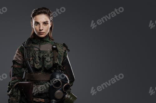 Preview: Confident female soldier in military attire posing against a gray backdrop