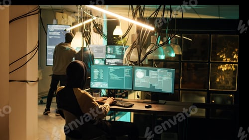 Preview: Young cyber criminal breaking computer firewall to plant malware