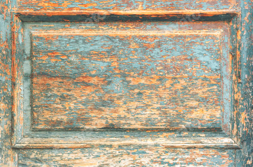 Preview: A close-up of an old wooden door with peeling blue and orange paint, rustic texture