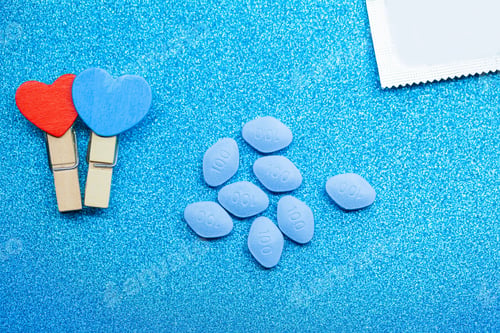 Preview: Pill for men's health and Valentine's Day background.