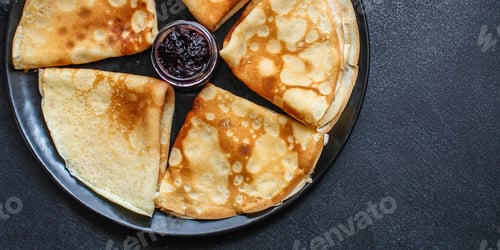 Preview: Crepes And Jam (Thin Pancakes, Healthy Breakfast) Menu Concept. Background. Top View. Copy Space