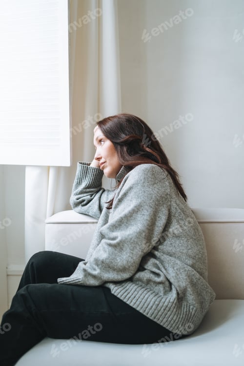Preview: Woman Looking Out Window, Casual Clothing, Relaxing