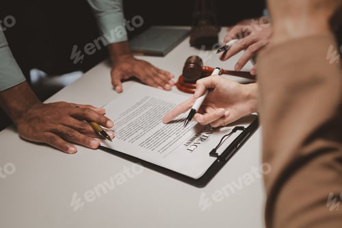 Preview: A group of lawyers is discussing contract documents that must be presented to a client, Lawyers brai