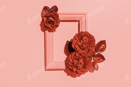 Preview: Classic Photo Frame on Peach Background with Rose Heads. mockup. Color of the year. fluffy tail