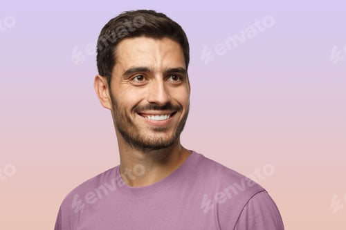 Preview: Close up portrait of smiling handsome male in purple t-shirt looking right