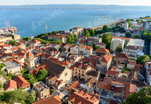 Preview: Aerial drone high angle view of the beautiful coastal town of Omis in Croatia