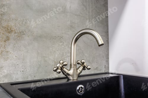 Preview: steel water tap sink with faucet in expensive loft kitchen
