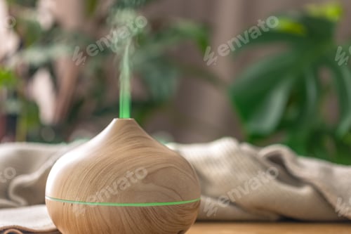 Preview: Modern wooden aroma diffuser releasing mist in green plant interior. Wellness aromatherapy device.