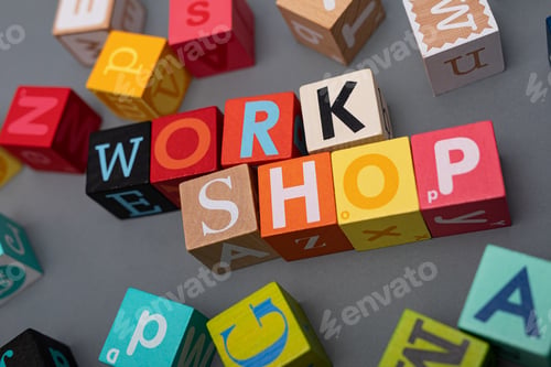 Preview: Closeup shot of colorful letter cubes forming the word workshop