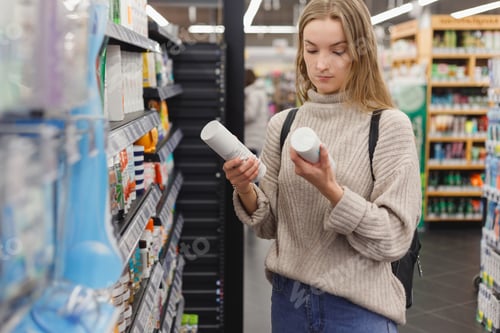 Preview: young woman picking bottles with shampoo and conditioner from shelf in cosmetics store