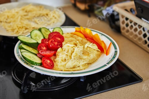 Preview: Morning healthy breakfast of scrambled eggs with parmesan cheese, cucumbers, cherry