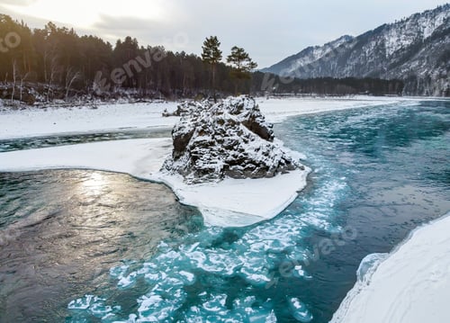 Preview: An island in the middle of a river in winter in the mountains, Altai, Russia