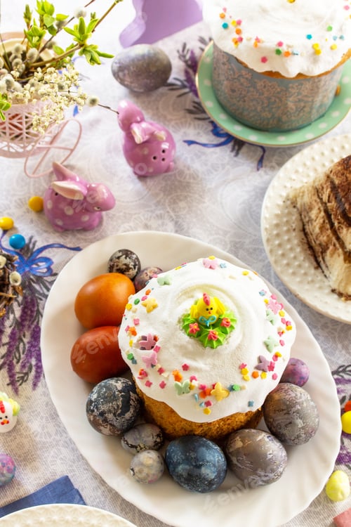 Preview: Festive Easter table setting. Easter orthodox cakes with Easter eggs.