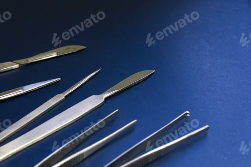 Preview: Closeup of a stainless dissection kit on a dark blue surface