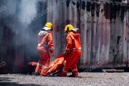 Preview: Group firefighters men wearing firefighting suit on safety rescue duty help stop breathing heart att