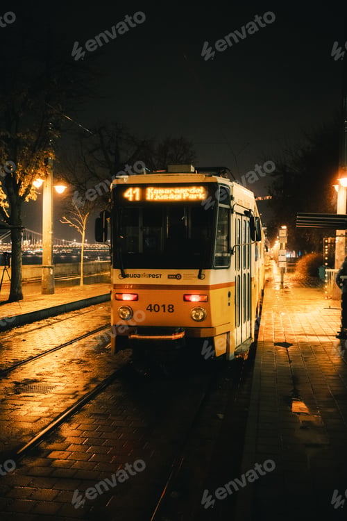 Preview: Night Tram On Wet Budapest Tracks