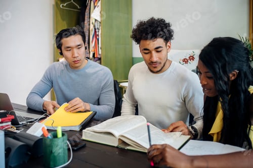 Preview: Young businesswoman and men having informal research meeting at table