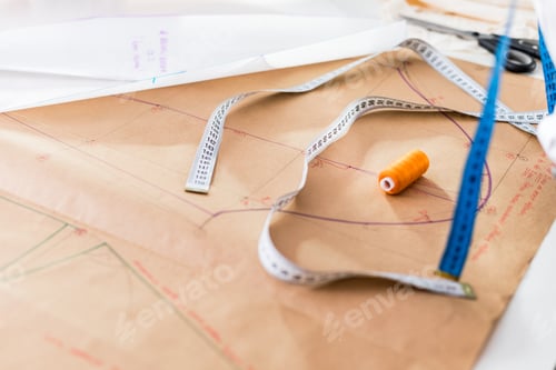 Preview: Fashion designer desk with equipment, tailoring and sewing workshop concept
