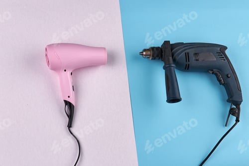 Vista previa: Pink hair dryer and power drill.