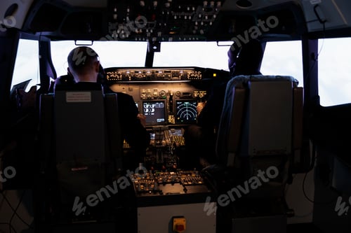 Preview: Diverse team of aircrew members using control command to fly plane