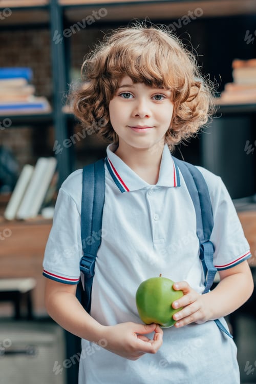 Preview: cute little schoolboy with apple and backpack