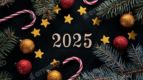 Preview: New Year 2025 background. Number of the coming year in Christmas decoration.