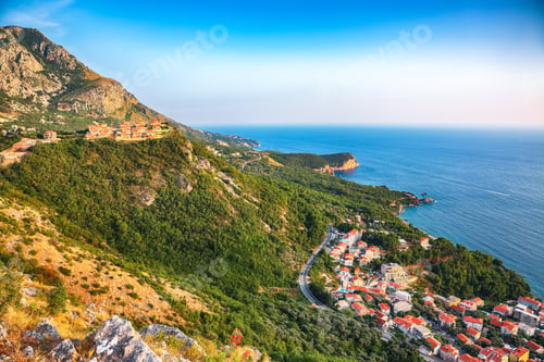 Preview: Aerial sunset view of Adriatic coast from church st. Sava viewpoint near Budwa