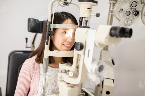Preview: Cheerful lady having eye examination in oculist office