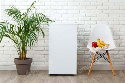 Preview: Refrigerator Against White Brick Wall With Green Palm Plant and White Chair With Fruit