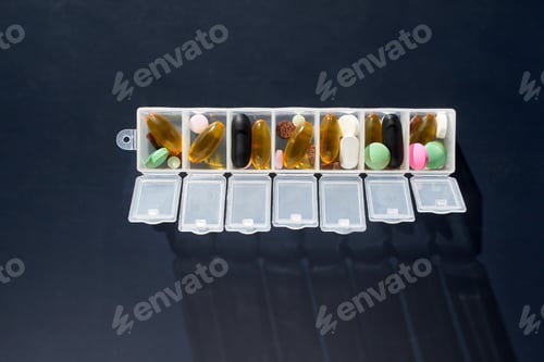 Preview: Weekly pill organizer with various capsules and tablets on dark background