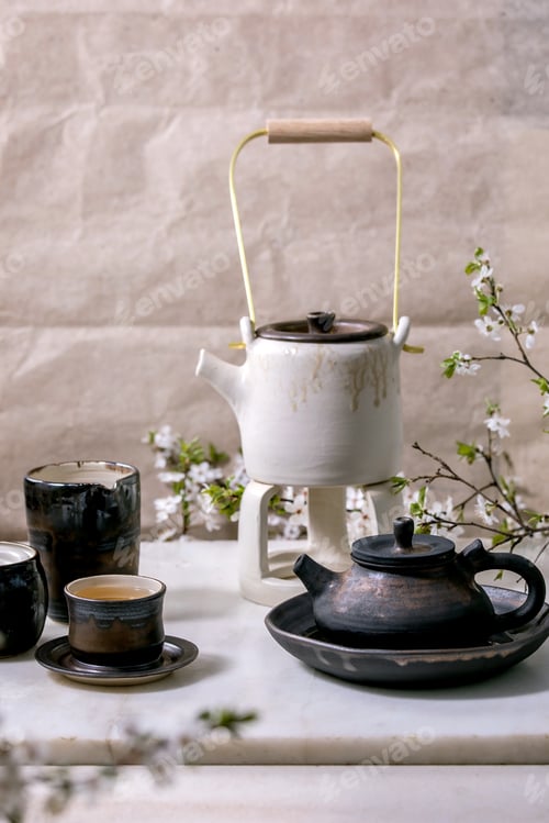 Preview: White and black handmade ceramic teapot for tea ceremony
