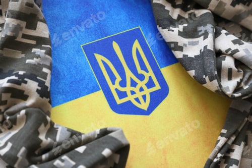 Preview: Ukrainian flag and coat of arms with fabric with texture of pixeled camouflage