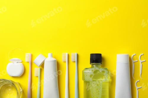 Preview: Tools for dental care on yellow background, space for text