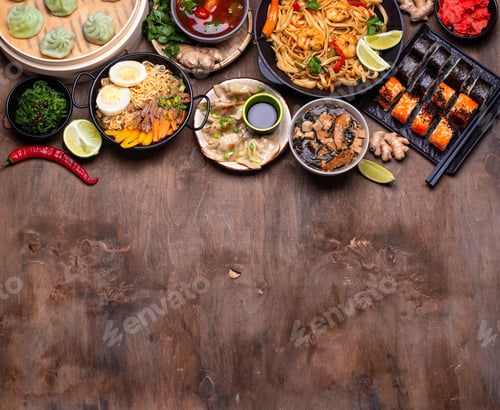 Preview: Asian food. Chinese, Japanese and Thai cuisine