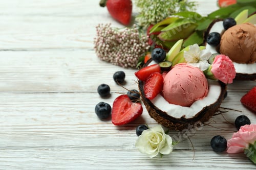 Preview: Concept of delicious fruit ice cream on wooden table