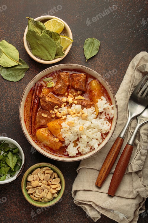 Preview: Delicious massaman curry with beef, potatoes, rice, and peanuts is served in bowl top view, Thai