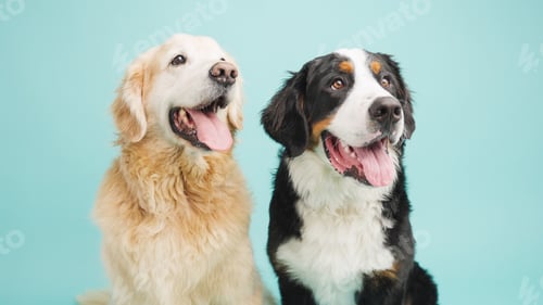 Preview: Golden retriever and bernese mountain dog panting on turquoise background