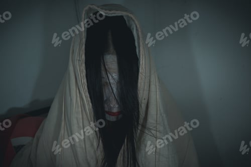 Preview: Horror scene of a mysterious girl in white face and scary