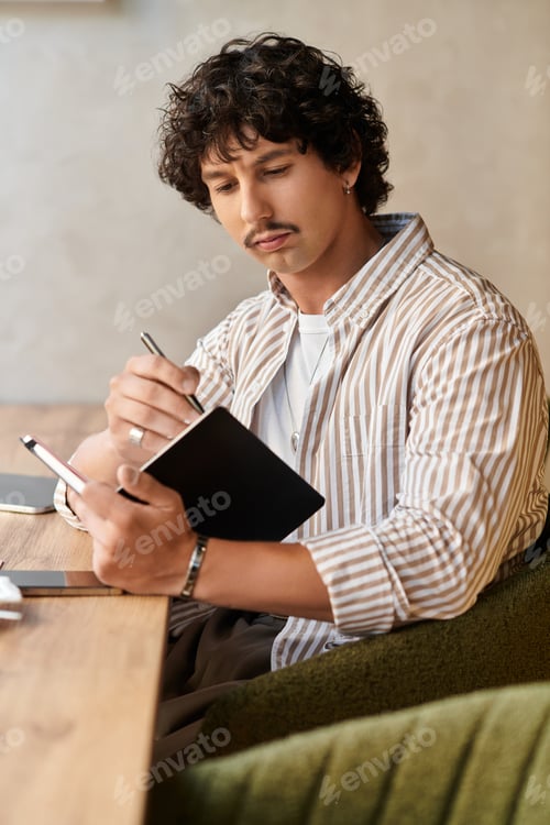Preview: Handsome young man enjoying creativity and tranquility at a cafe on a peaceful afternoon