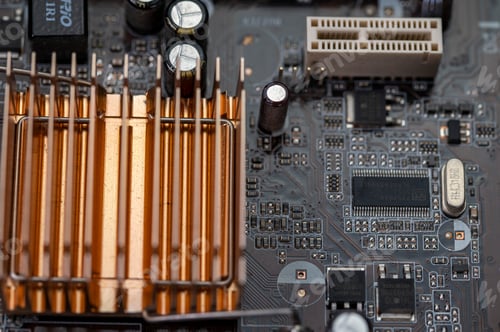 Preview: detail of a motherboard with connectors and heatsinks
