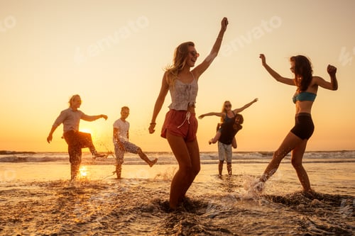 Preview: multicultural multinational happy people running into the sun carefree