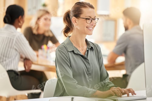 Preview: Happy business woman, computer administration and typing email, planning and working on digital mar